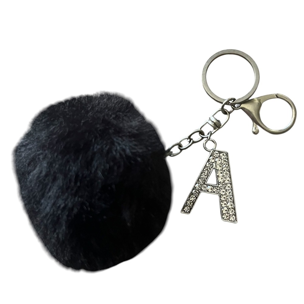 Black Faux Fur Pom Pom Keychain Initial A Rhinestone Silver Tone Bag Charm